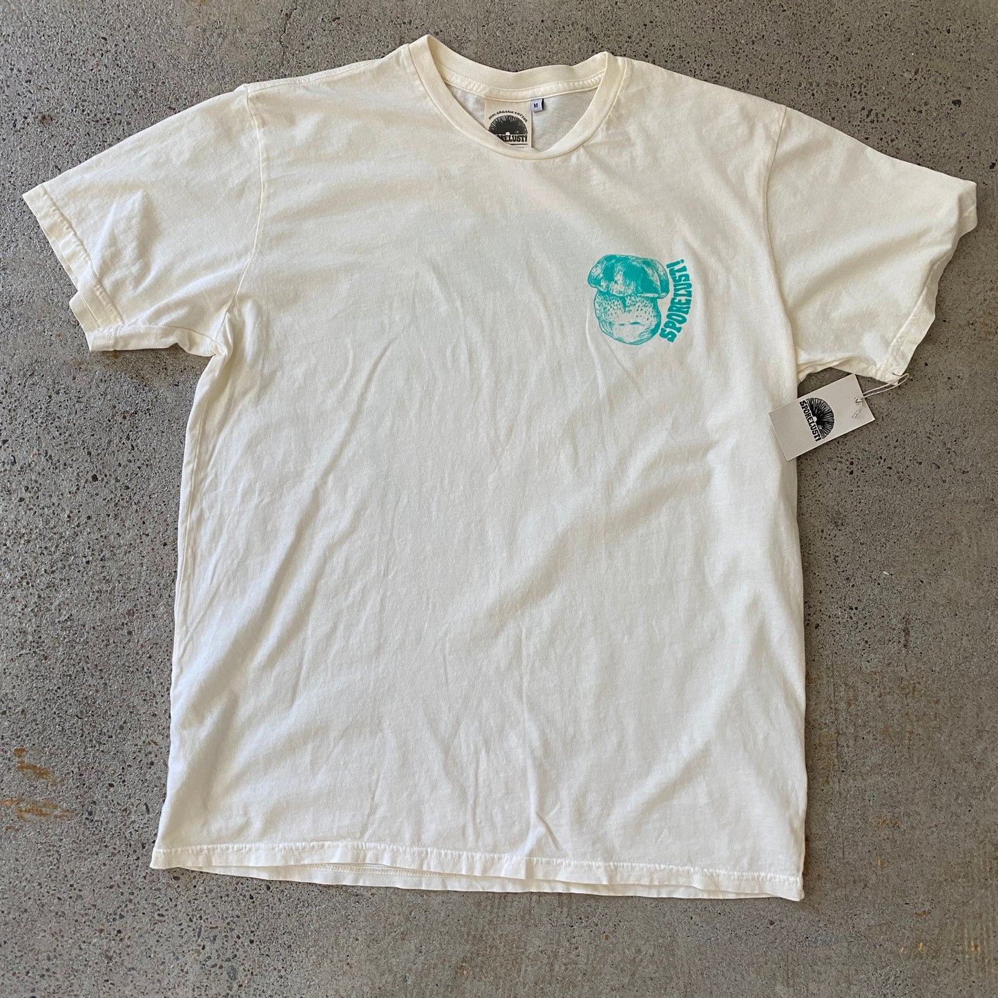 Colorado Porcini tee, Cream with Blue Lapel and Back Print