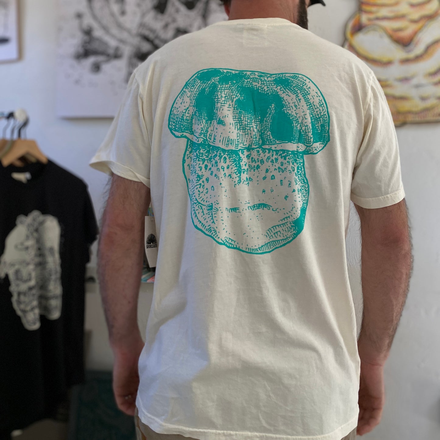 Colorado Porcini tee, Cream with Blue Lapel and Back Print