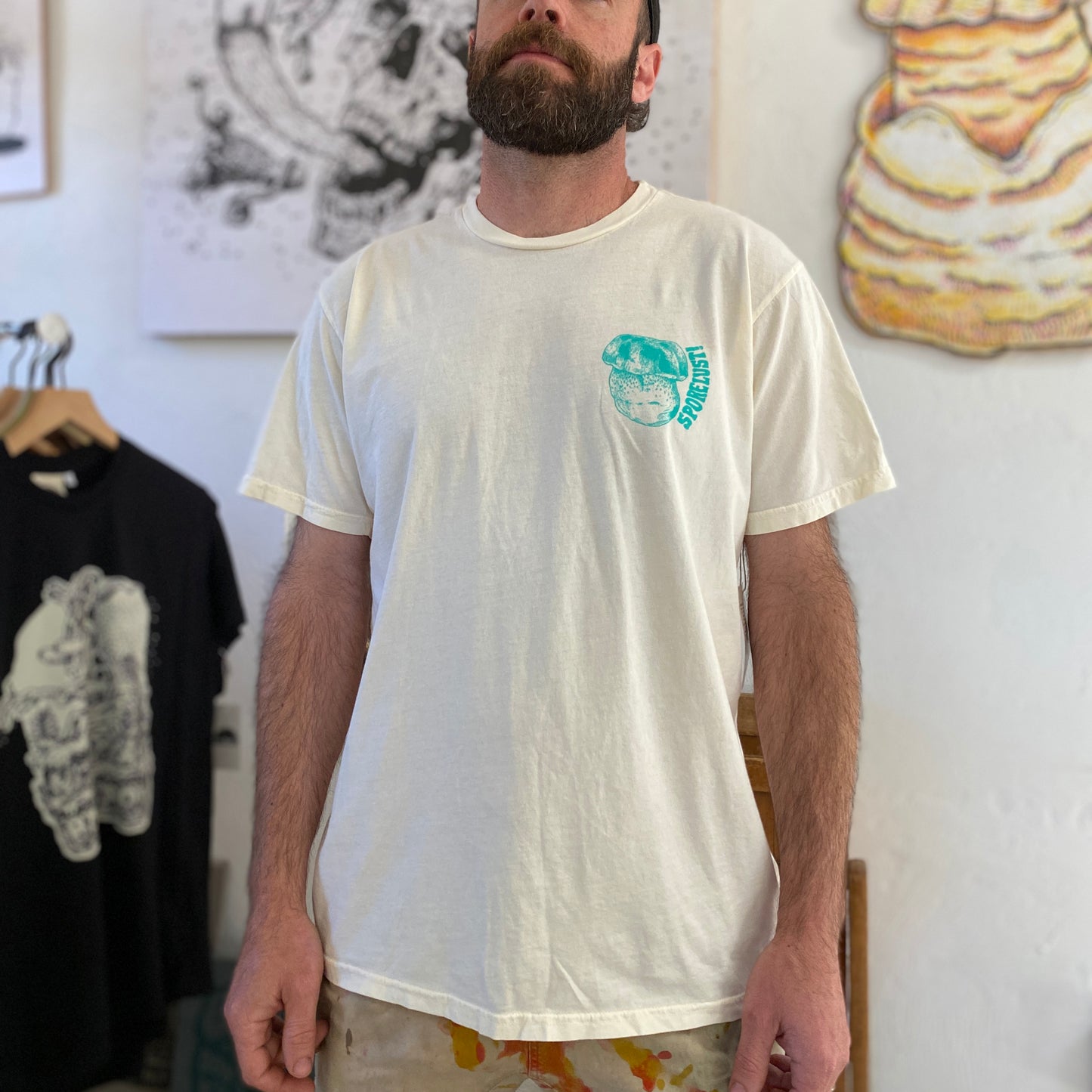 Colorado Porcini tee, Cream with Blue Lapel and Back Print