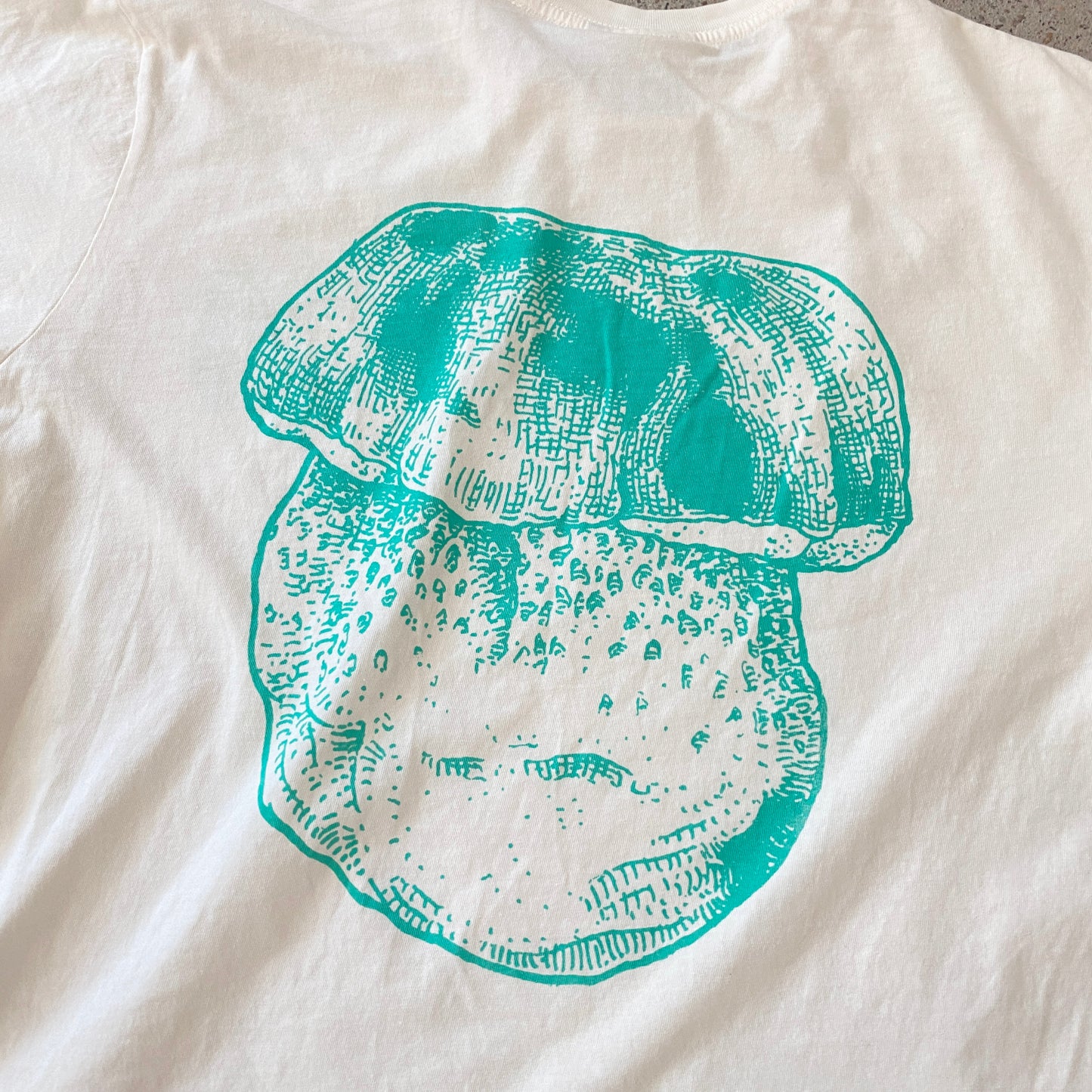 Colorado Porcini tee, Cream with Blue Lapel and Back Print