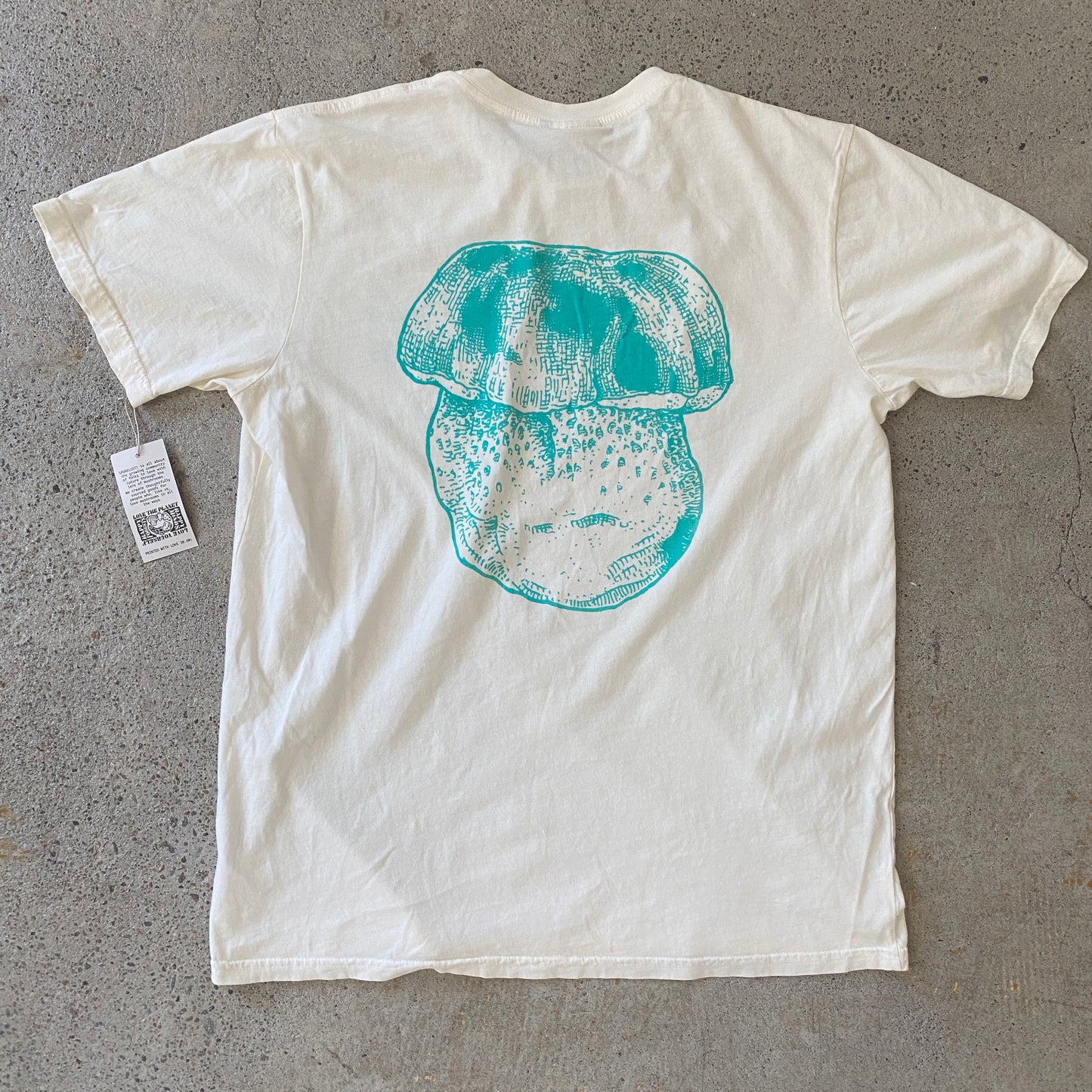 Colorado Porcini tee, Cream with Blue Lapel and Back Print