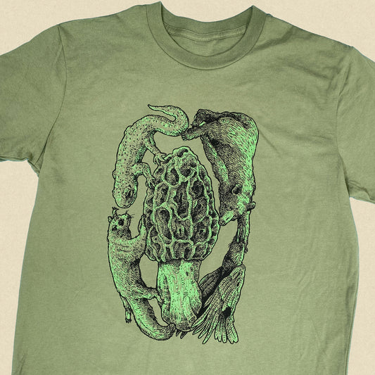 Court Morel Animals & Mushroom T-Shirt, Olive Organic Cotton