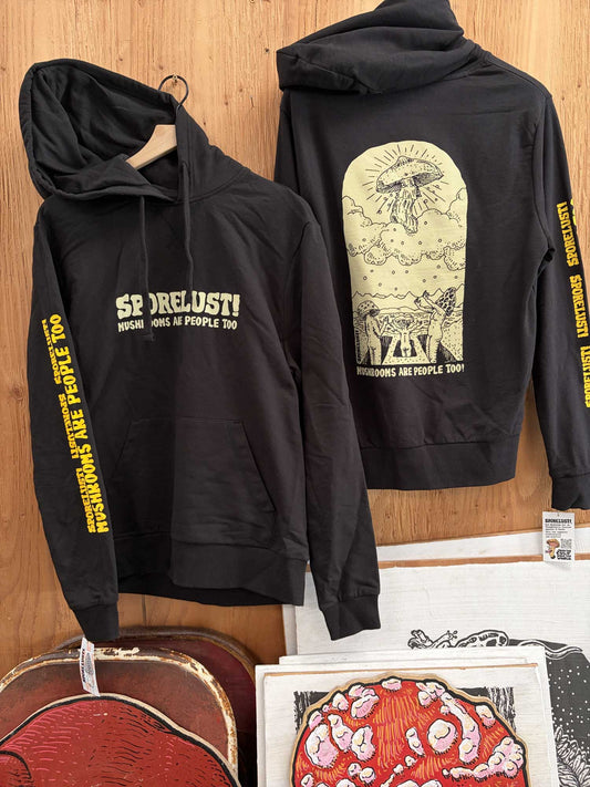 Mushrooms Are People Too Hoodie, Black Organic Cotton