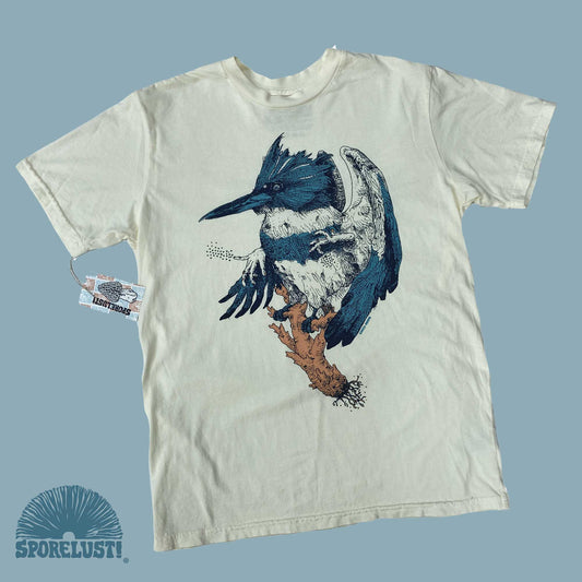 Belted Kingfisher and Coral Mushroom Shirt, Cream