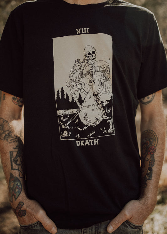 Mushroom Tarot Death Card Shirt, Black Organic Cotton