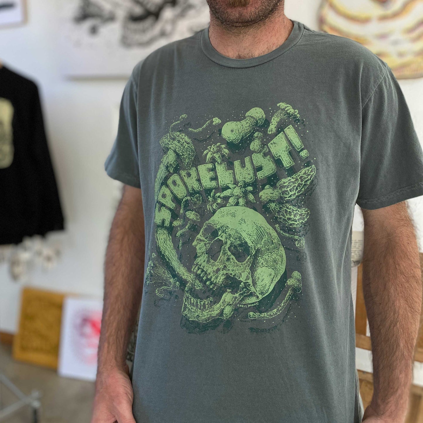 Sporelust! Yeller Tee, Light Green on Green