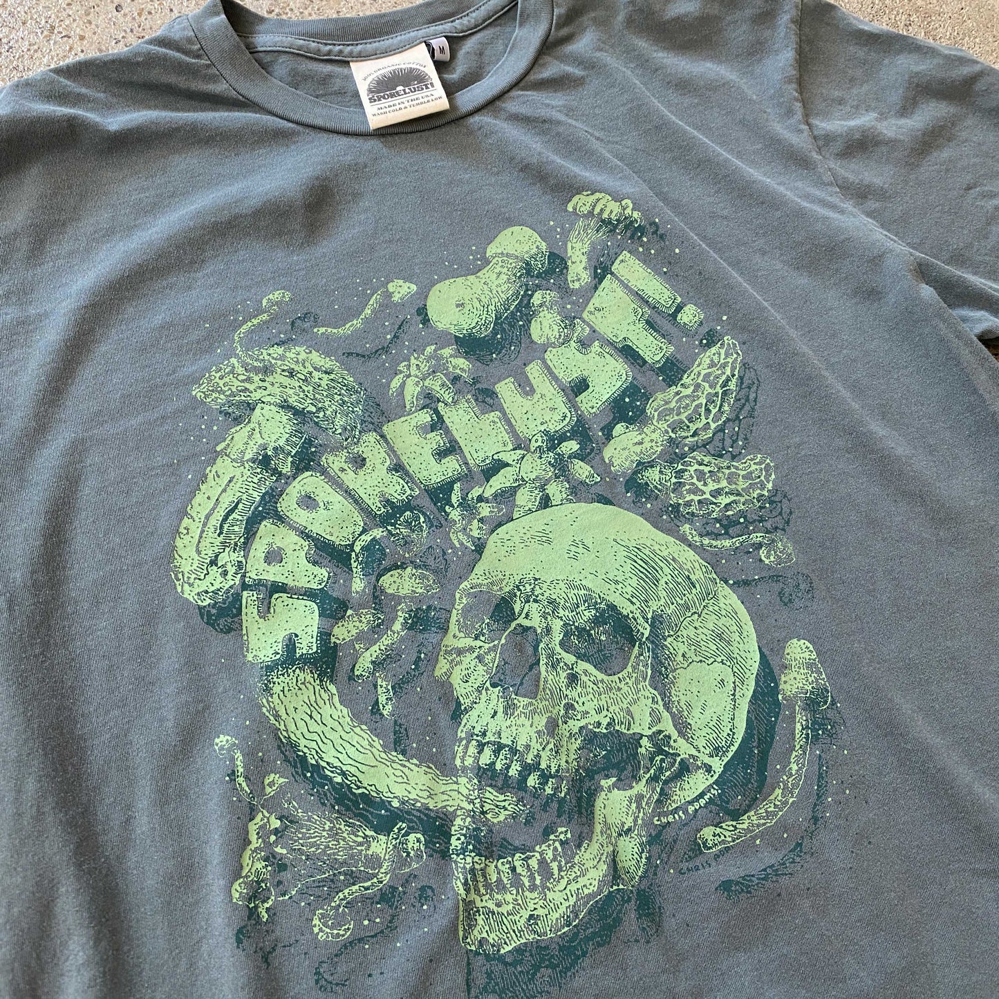 Sporelust! Yeller Tee, Light Green on Green