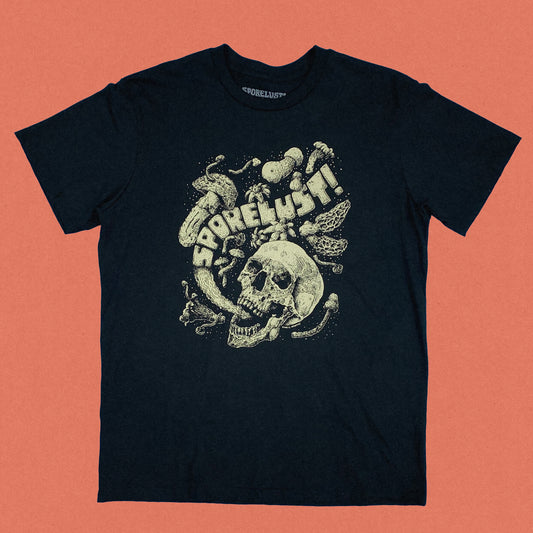 Sporelust! Yeller Mushroom Tee, Black Organic Cotton