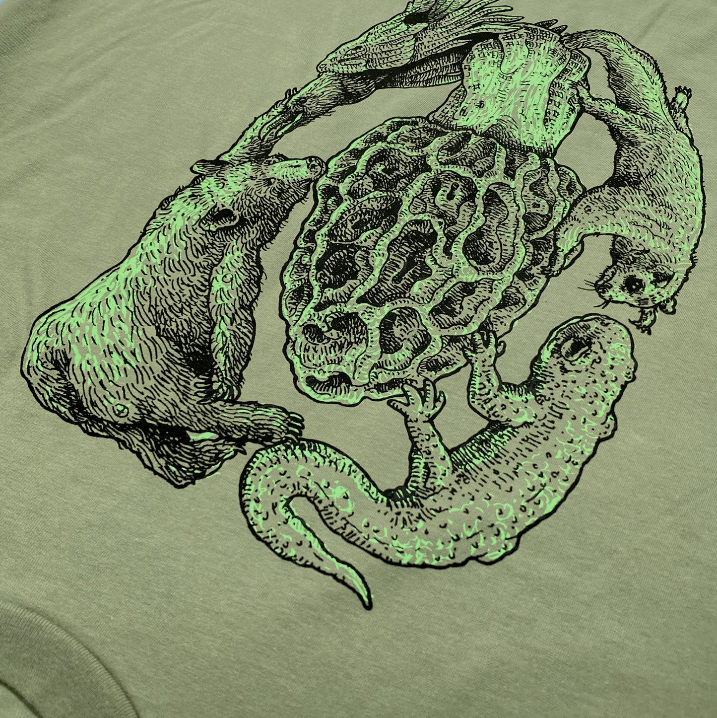 Court Morel Animals & Mushroom T-Shirt, Olive Organic Cotton