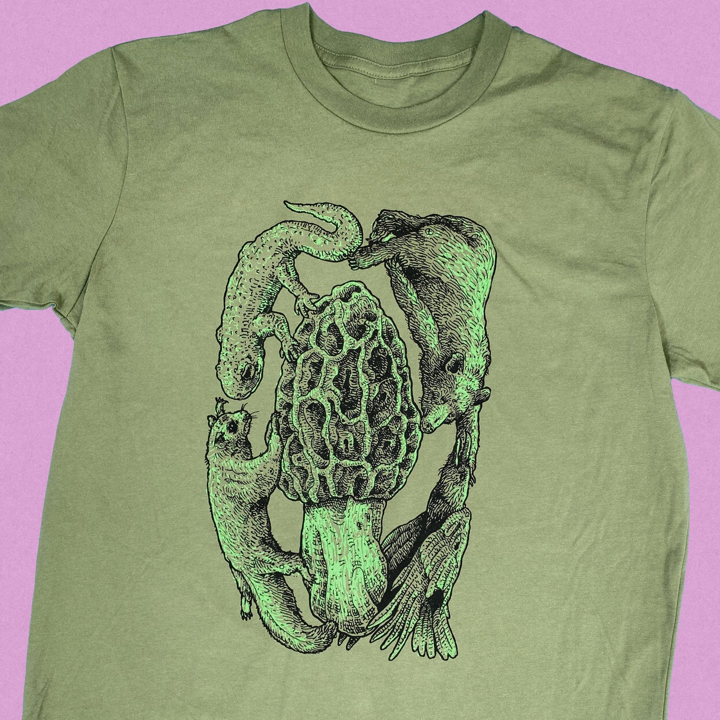 Court Morel Animals & Mushroom T-Shirt, Olive Organic Cotton