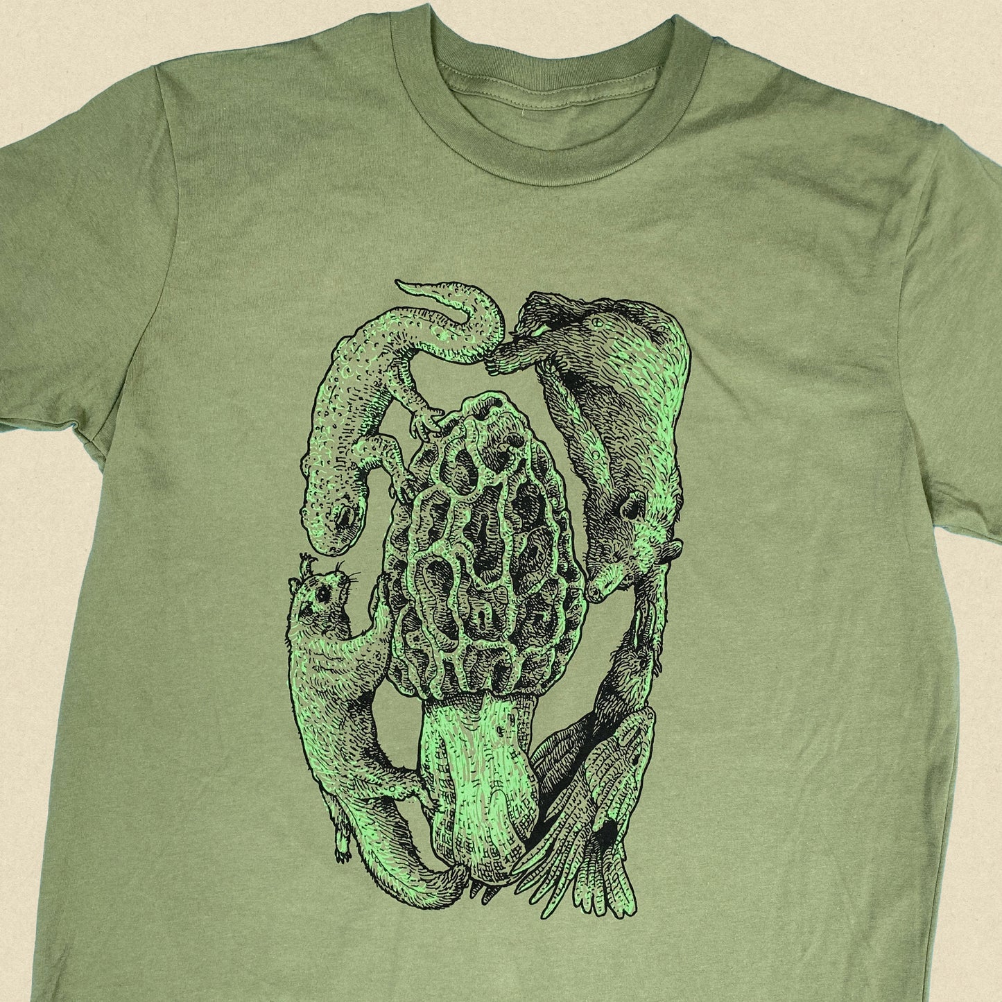 Court Morel Animals & Mushroom T-Shirt, Olive Organic Cotton