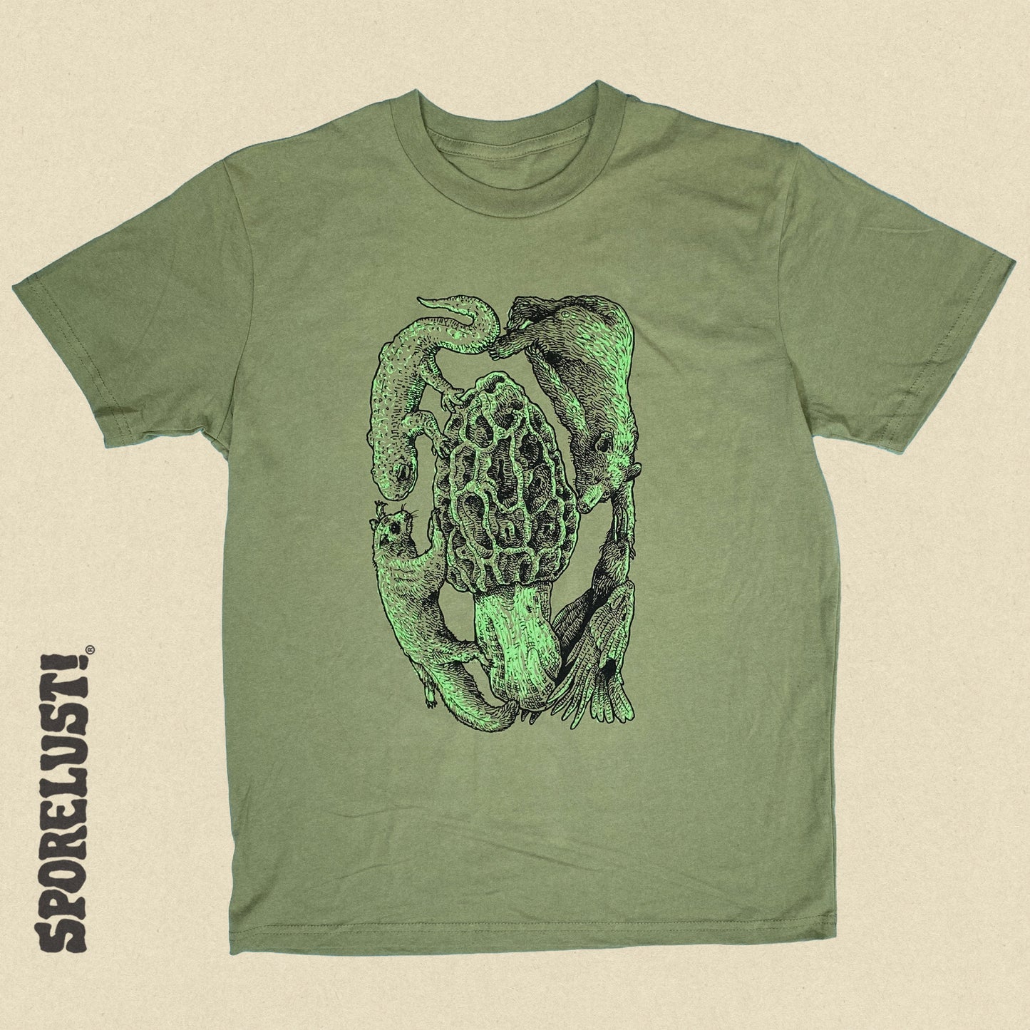 Court Morel Animals & Mushroom T-Shirt, Olive Organic Cotton