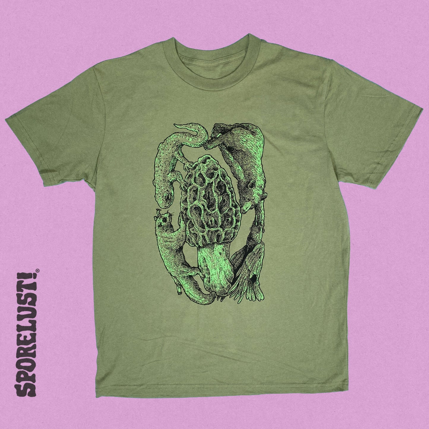 Court Morel Animals & Mushroom T-Shirt, Olive Organic Cotton