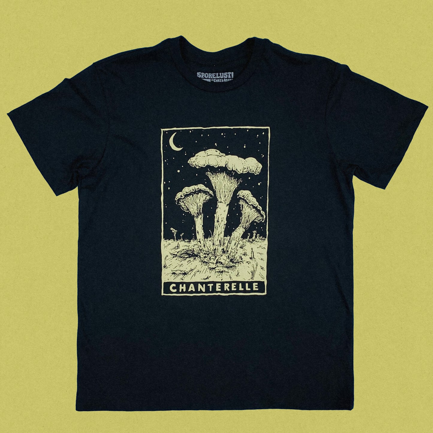 Chanterelle Mushroom Shirt, Black Organic Cotton