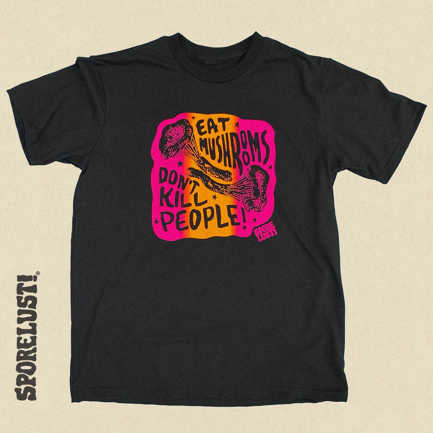 NEW Eat Mushrooms Don't Kill People Mushroom Black Crew Neck T-Shirt