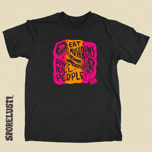 NEW Eat Mushrooms Don't Kill People Mushroom Black Crew Neck T-Shirt