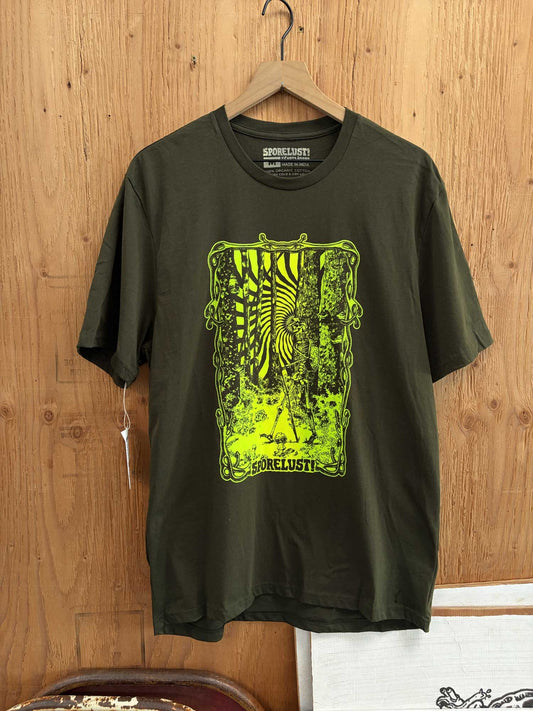 Forest Walker Skeleton, Dark Green Organic Cotton T-Shirt