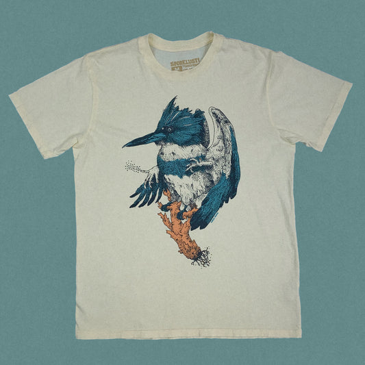 Belted Kingfisher and Coral Mushroom Shirt, Cream