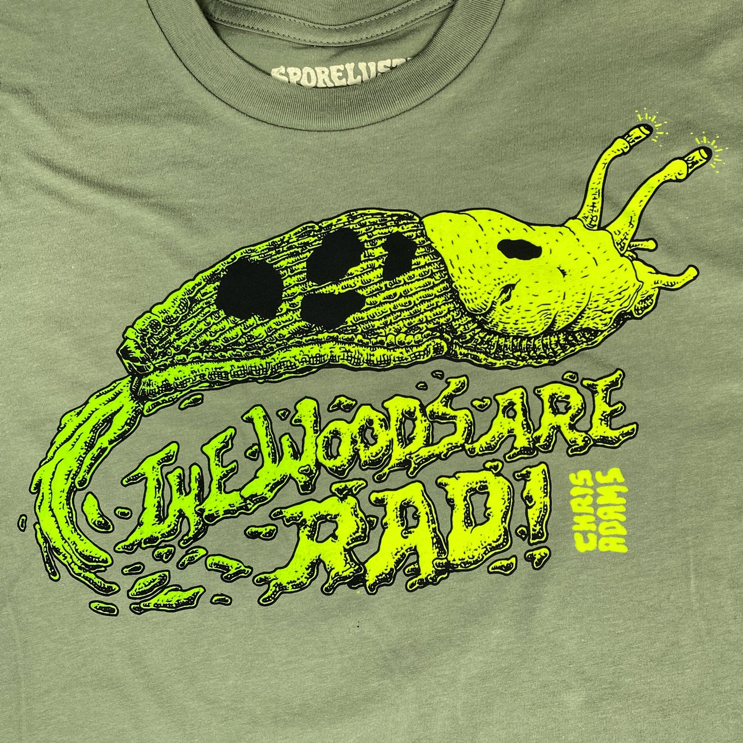 The Woods Are Rad Banana Slug T-Shirt, Olive Organic Cotton