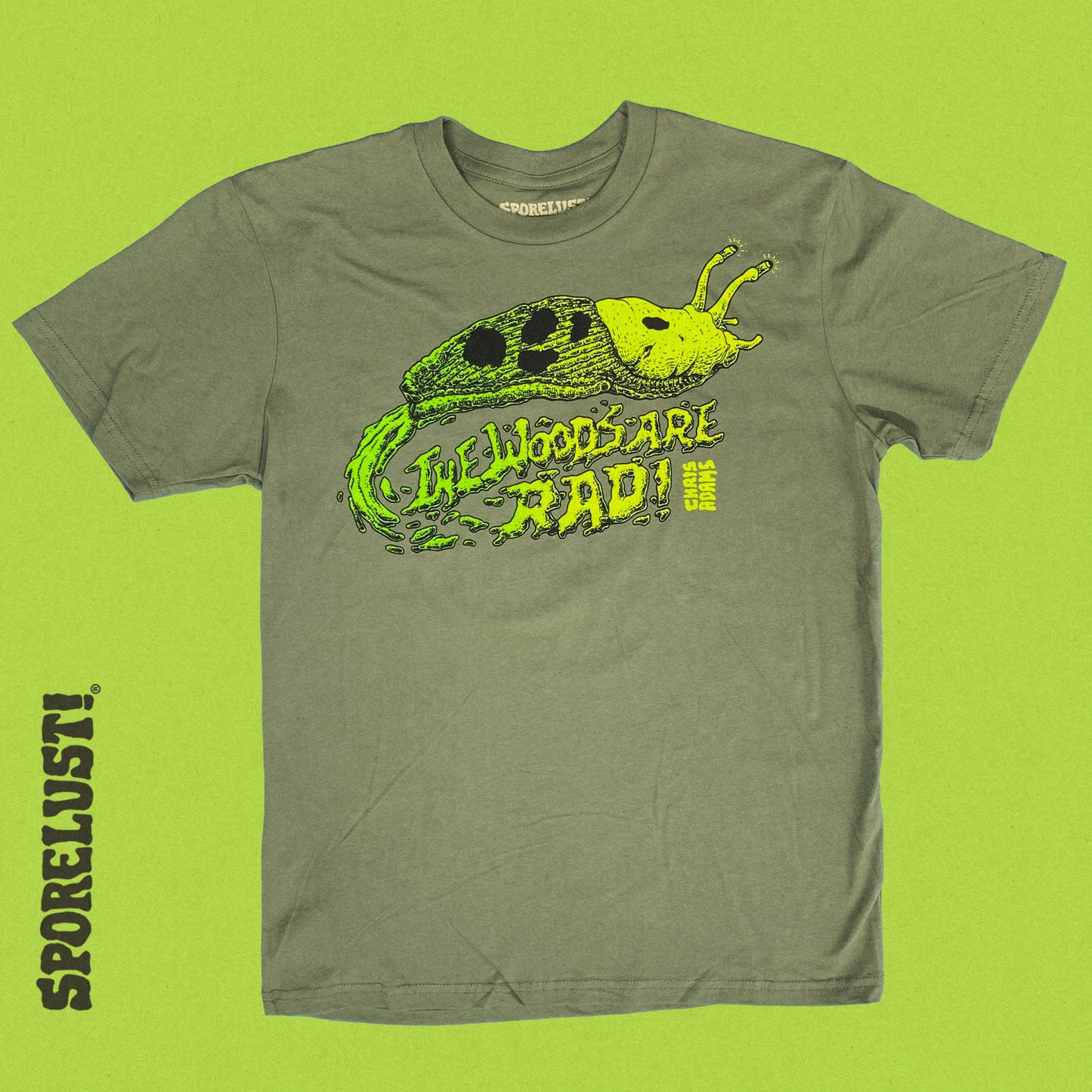 The Woods Are Rad Banana Slug T-Shirt, Olive Organic Cotton