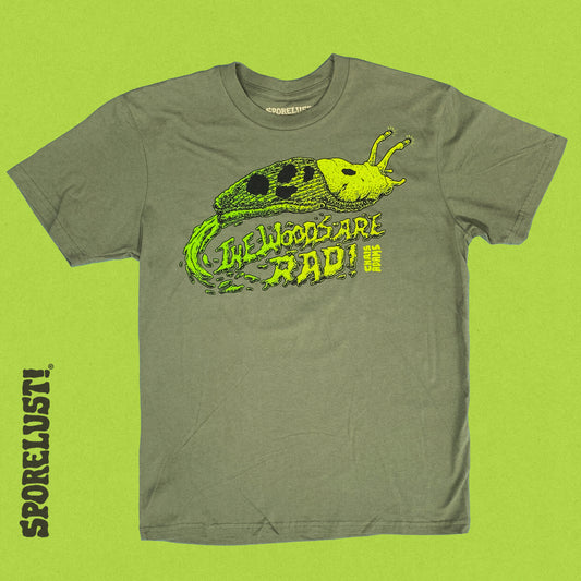 The Woods Are Rad Banana Slug T-Shirt, Olive Organic Cotton