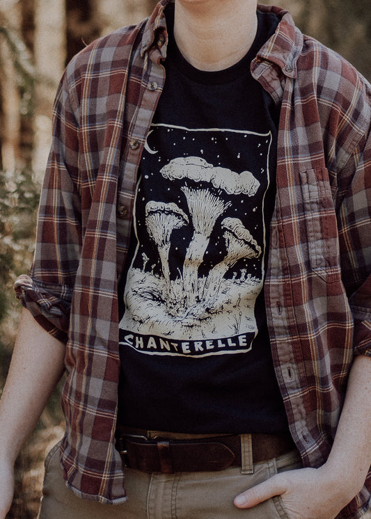 Chanterelle Mushroom Shirt, Black Organic Cotton