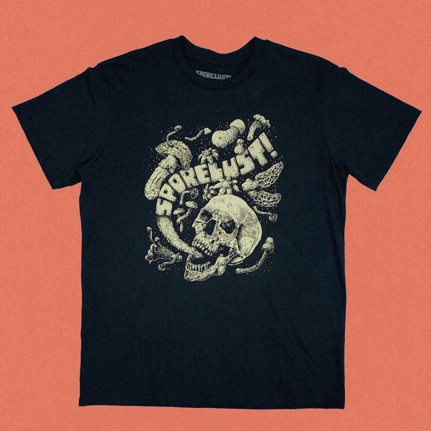 Sporelust! Yeller Mushroom Tee, Black Organic Cotton
